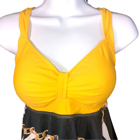 Yellow Zebra Gold Chain Pearls Print Tankini Swimdress TOP ONLY Size L - Picture 2 of 5